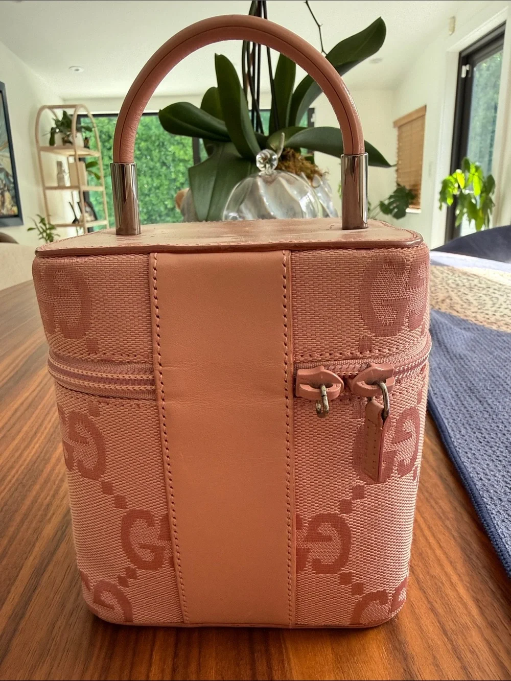 Vintage Gucci Pink GG Canvas Vanity Case with Top Handle